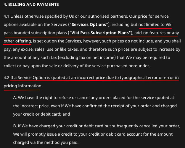 Rakuten VIKI Terms of Use: Billing and Payments clause