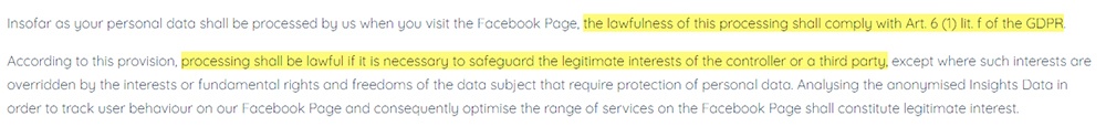 Romantic Germany Privacy Policy for Facebook Fanpages: Page Insights clause - Lawfulness of processing personal data excerpt