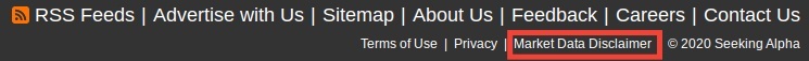 Seeking Alpha website footer with Market Data Disclaimer link highlighted