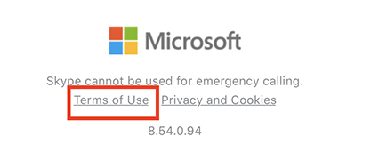 Skype sign-in page with Microsoft Terms of Use link highlighted
