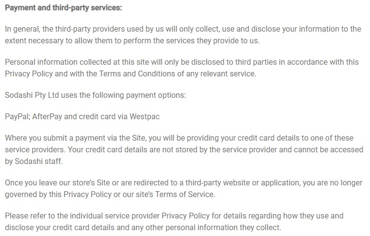 Sodashi Skincare Privacy Statement: Payment and third-party services clause