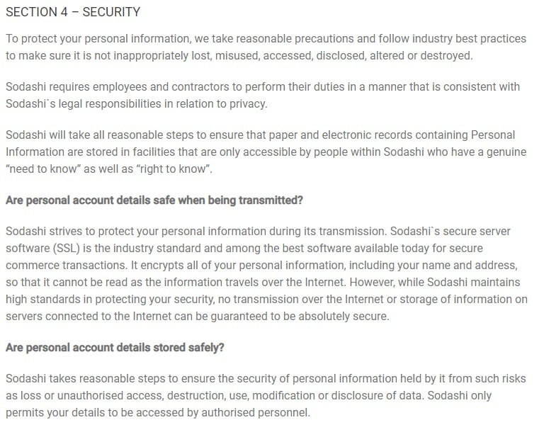 Sodashi Skincare Privacy Statement: Security clause