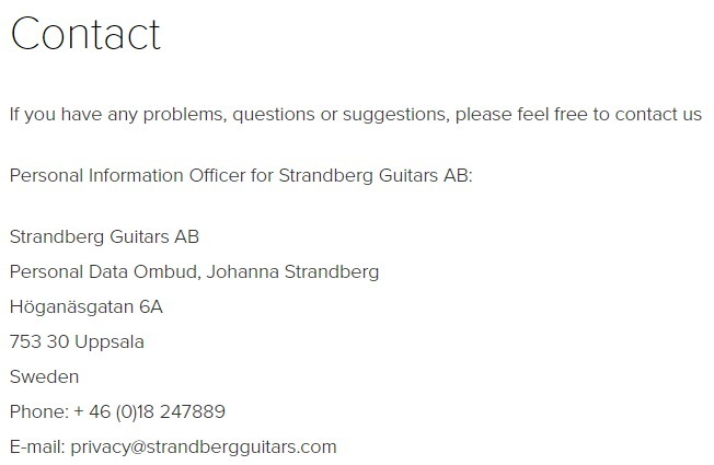 Strandberg Guitars Privacy Policy: Contact clause