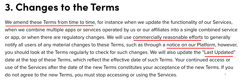 TikTok Terms of Service: Changes to the Terms clause