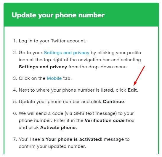 Twitter Help: Update phone number instructions