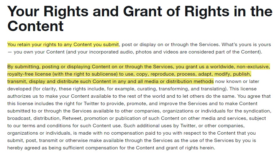 Twitter Terms of Service: Your Rights and Grant of Rights in the Content clause