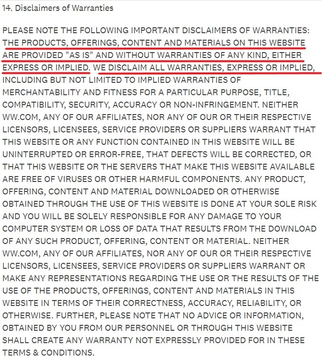 Weight Watchers Terms and Conditions: Disclaimer of Warranties clause