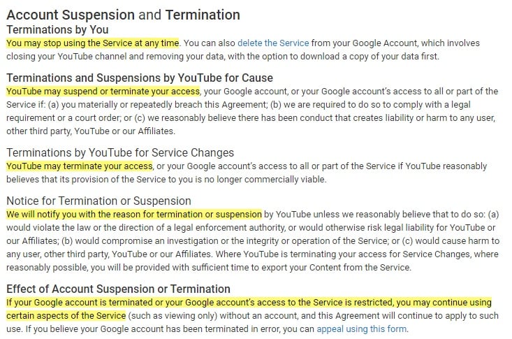 YouTube Terms of Service: Account Suspension and Termination clause