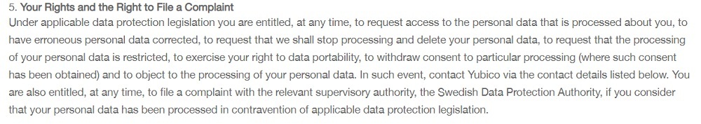 Yubico Privacy Notice: Your Rights and the Right to File a Complaint clause
