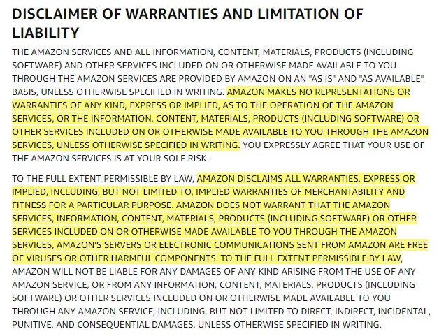 Amazon Conditions of Use: Disclaimer of Warranties and Limitation of Liability clause