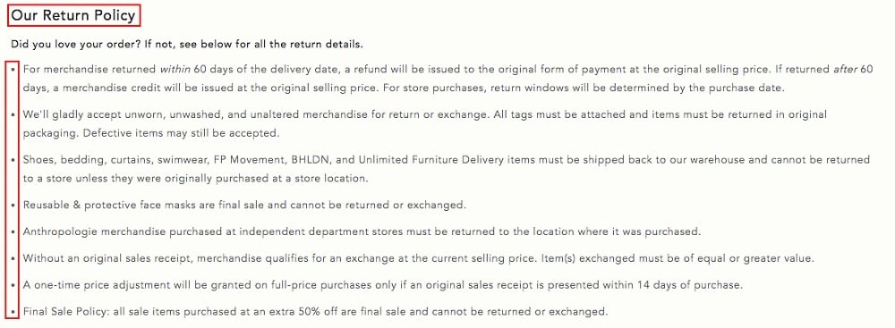Anthropologie Help: Returns and Exchanges - Our Return Policy list