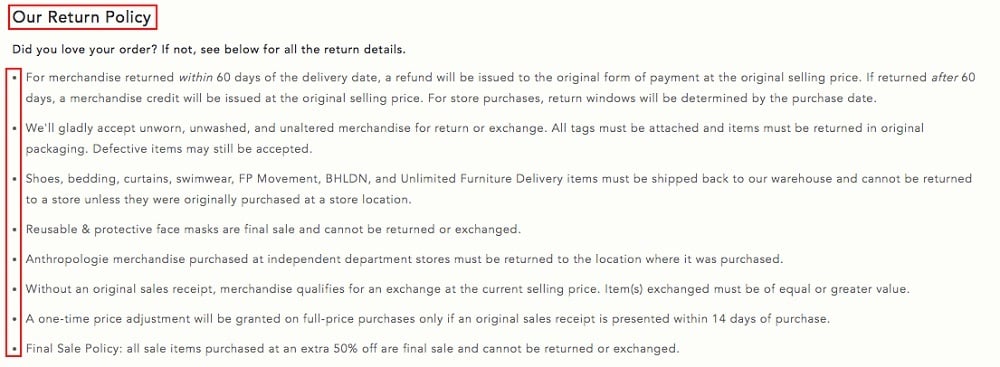 Anthropologie Help: Returns and Exchanges - Our Return Policy list