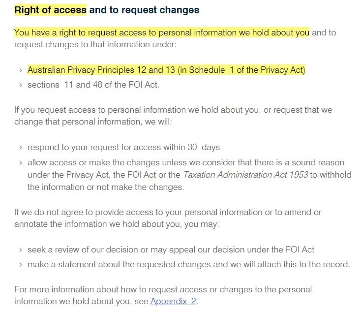 ATO Privacy Policy: Right of Access and to Request Changes clause