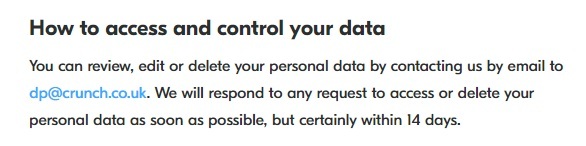 Crunch Privacy Policy: How to access and control your data clause