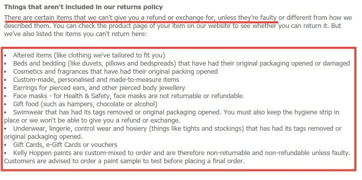 Debenhams Returns Policy: Items not included in Returns Policy clause