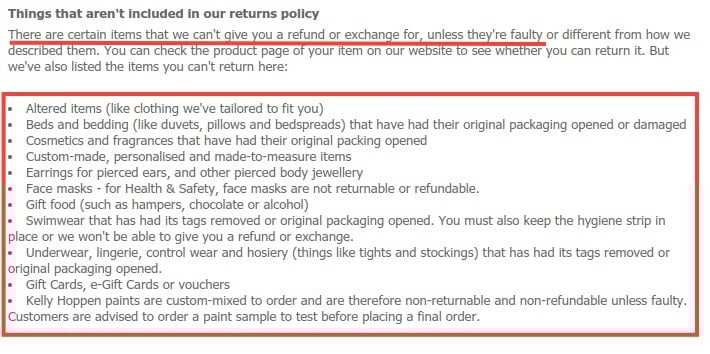 Debenhams Returns Policy: Items not included in Returns Policy clause