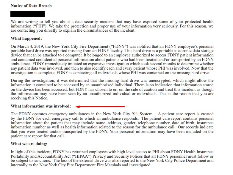 FDNY Data Breach Press Release: Page 2 - What information was involved section highlighted