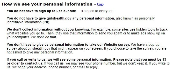 Girls Health Privacy Policy: How we see your personal information clause