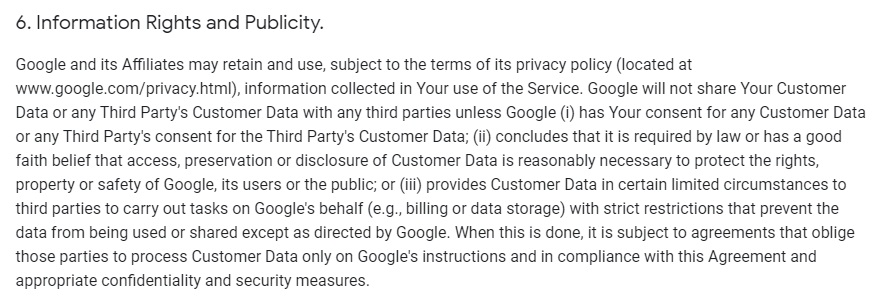 Google Analytics Firebase Terms of Service: Information Rights and Publicity clause