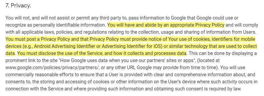 Google Analytics Firebase Terms of Service: Privacy clause with requirements highlighted