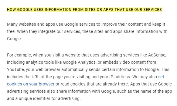 Google Privacy and Terms: How Google uses information from sites or apps that use our service - Intro excerpt