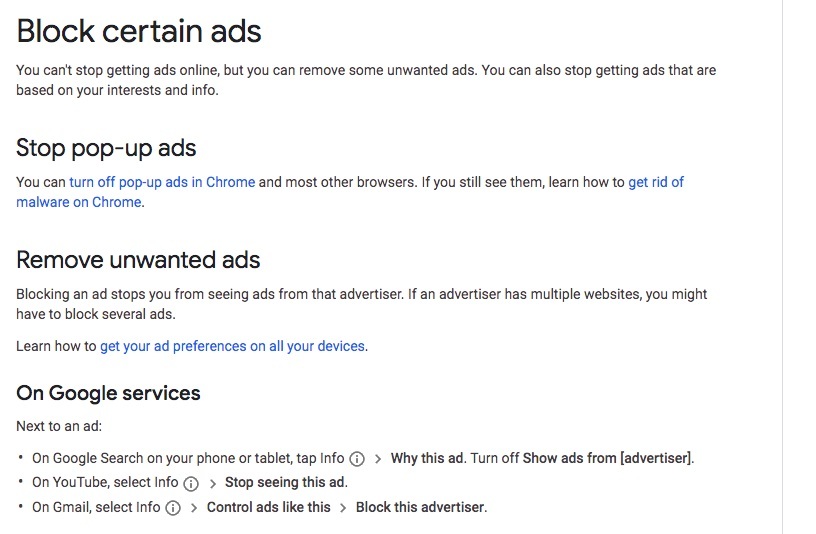 Google Support: Ads Help - Block certain ads with instructions