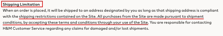 H and M Terms and Conditions: Shipping Limitation clause