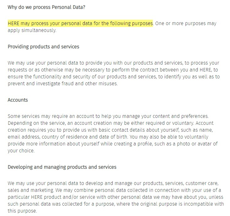 Here Privacy Policy: Why do we process personal data clause excerpt