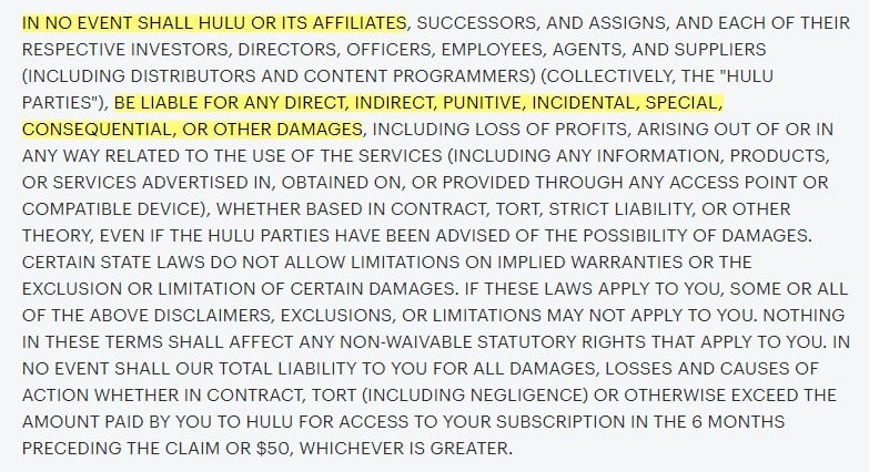 Hulu Terms and Conditions: Excerpt of Disclaimer of Warranties Limitation of Liability and indemnity clause