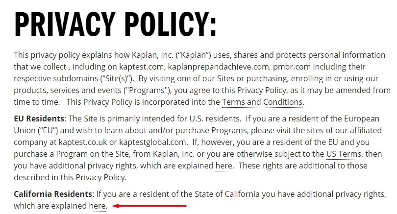 Kaplan Privacy Policy: California Residents rights link highlighted