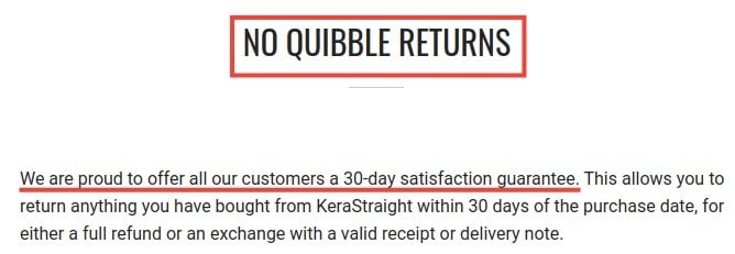 KeraStraight Returns Policy: 30 day satisfaction guarantee section highlighted