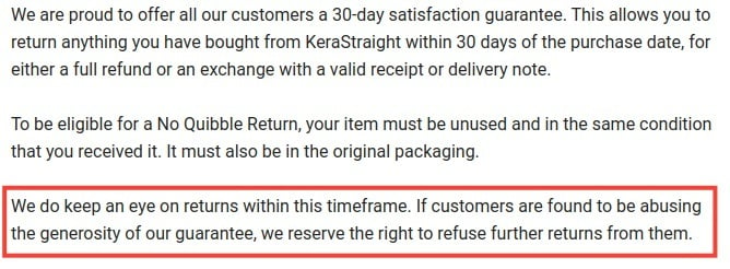 KeraStraight Returns Policy: Right to refuse abusive customers section highlighted
