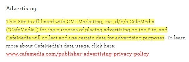 Love and Lemons Privacy Policy: Advertising disclaimer clause