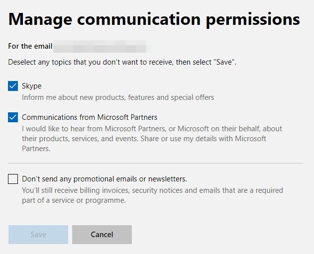 Microsoft: Manage Communication Permissions screen