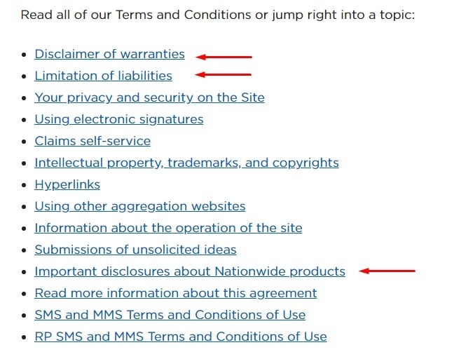 Nationwide Terms and Conditions Table of Contents with disclaimers highlighted