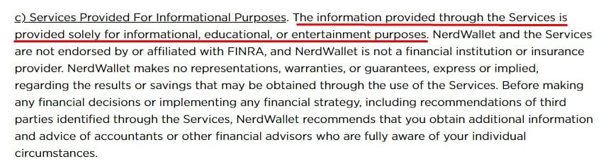 NerdWallet Terms of Use: Services Provided For Informational Purposes clause - Financial advice disclaimer