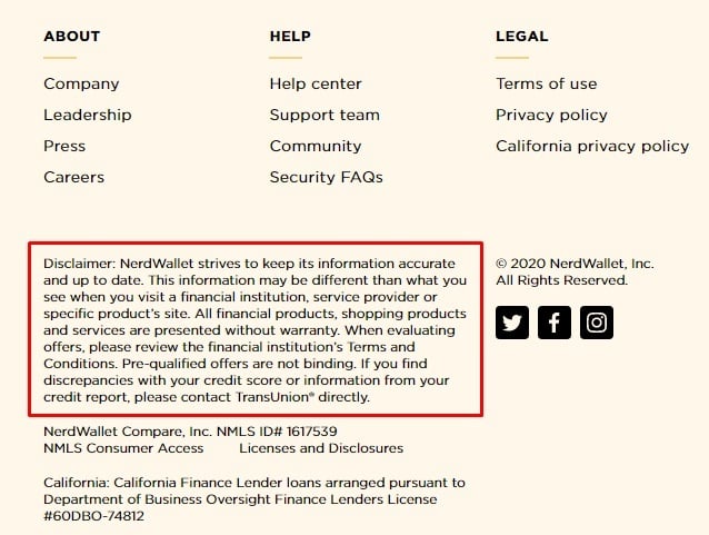 NerdWallet website footer with disclaimer highlighted