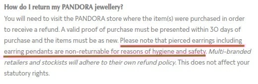 Pandora Returns and Exchanges Policy: Earring pendants not returnable section