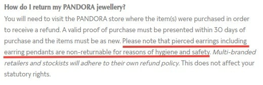 Pandora Returns and Exchanges Policy: Earring pendants not returnable section