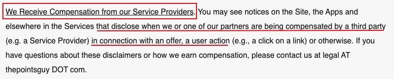 The Points Guy Terms of Use: We Receive Compensation from our Service Providers clause - Affiliate disclaimer