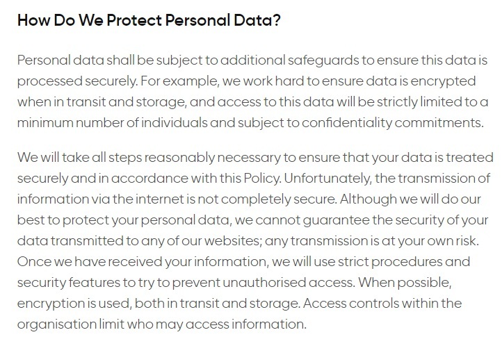 Privacy International: How We Use and Protect Your Data - How Do We Protect Personal data clause