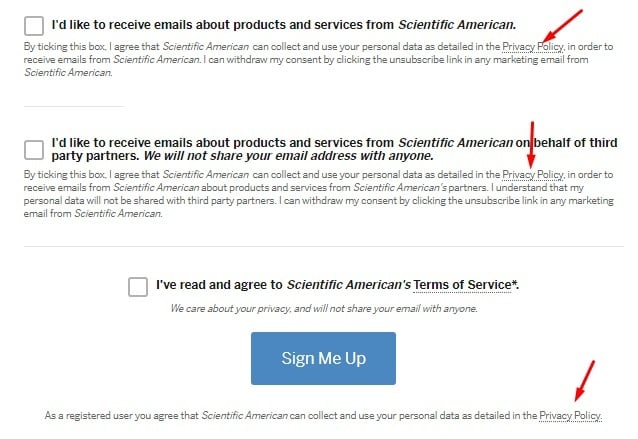 Scientific American newsletter sign-up form with consent checkboxes