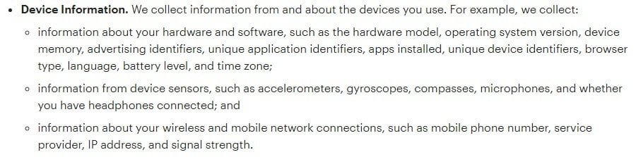 Snap Privacy Policy: Device Information clause