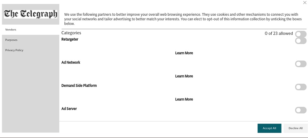 The Telegraph Manage Cookies Consent screen