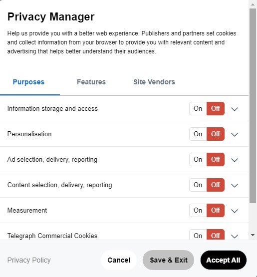 The Telegraph Privacy Manager for cookie settings with toggles