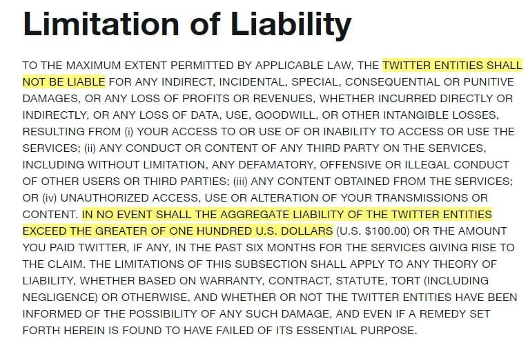 Twitter Terms of Service: Excerpt of Limitation of Liability clause