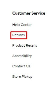 Walmart website footer with Returns link highlighted