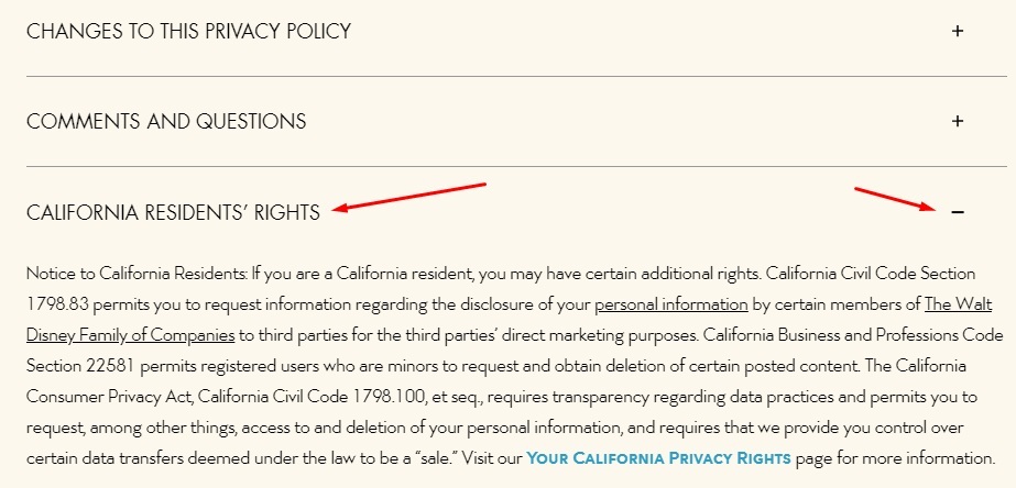 Walt Disney Privacy Policy: California Residents Rights clause