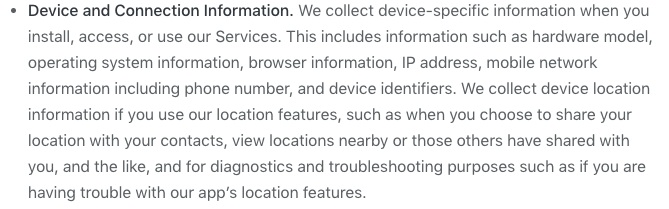 WhatsApp Privacy Policy: Device and Connection Information collected clause