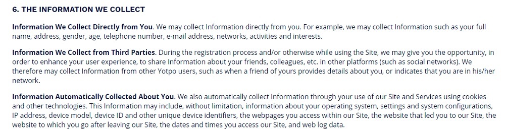 Yotpo Privacy Policy: Information we Collect clause